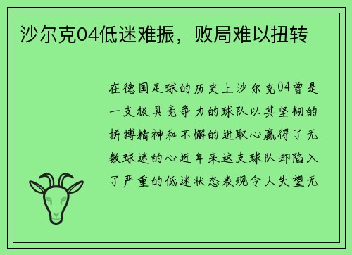 沙尔克04低迷难振，败局难以扭转